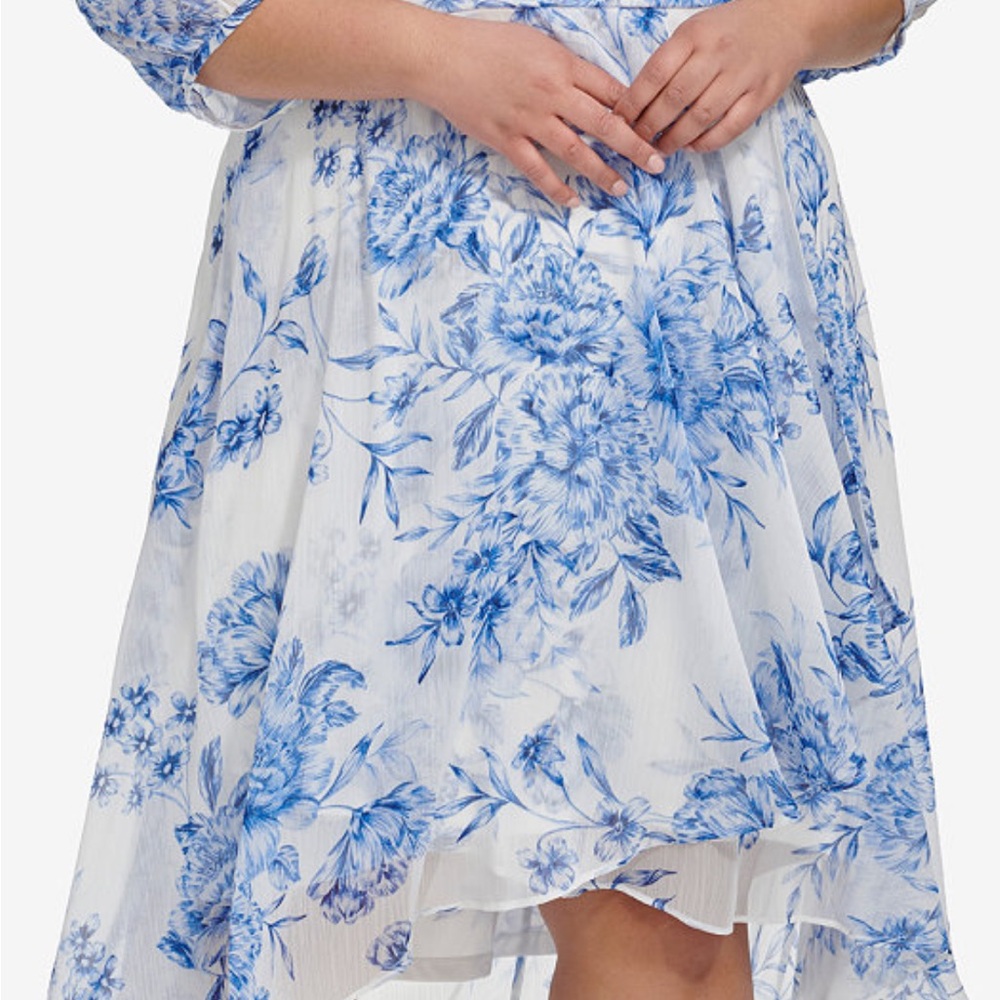 Calvin Klein Blue and White Asymmetrical Tiered Dress faux wrap - Picture 2 of 3